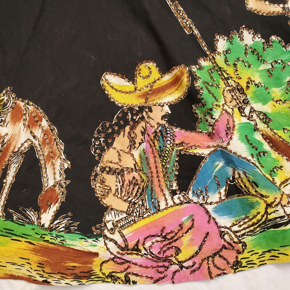 Vintage 50's/60's Mexican Adeline Hand Painted Skirt Sequins Horses & Dancers XS